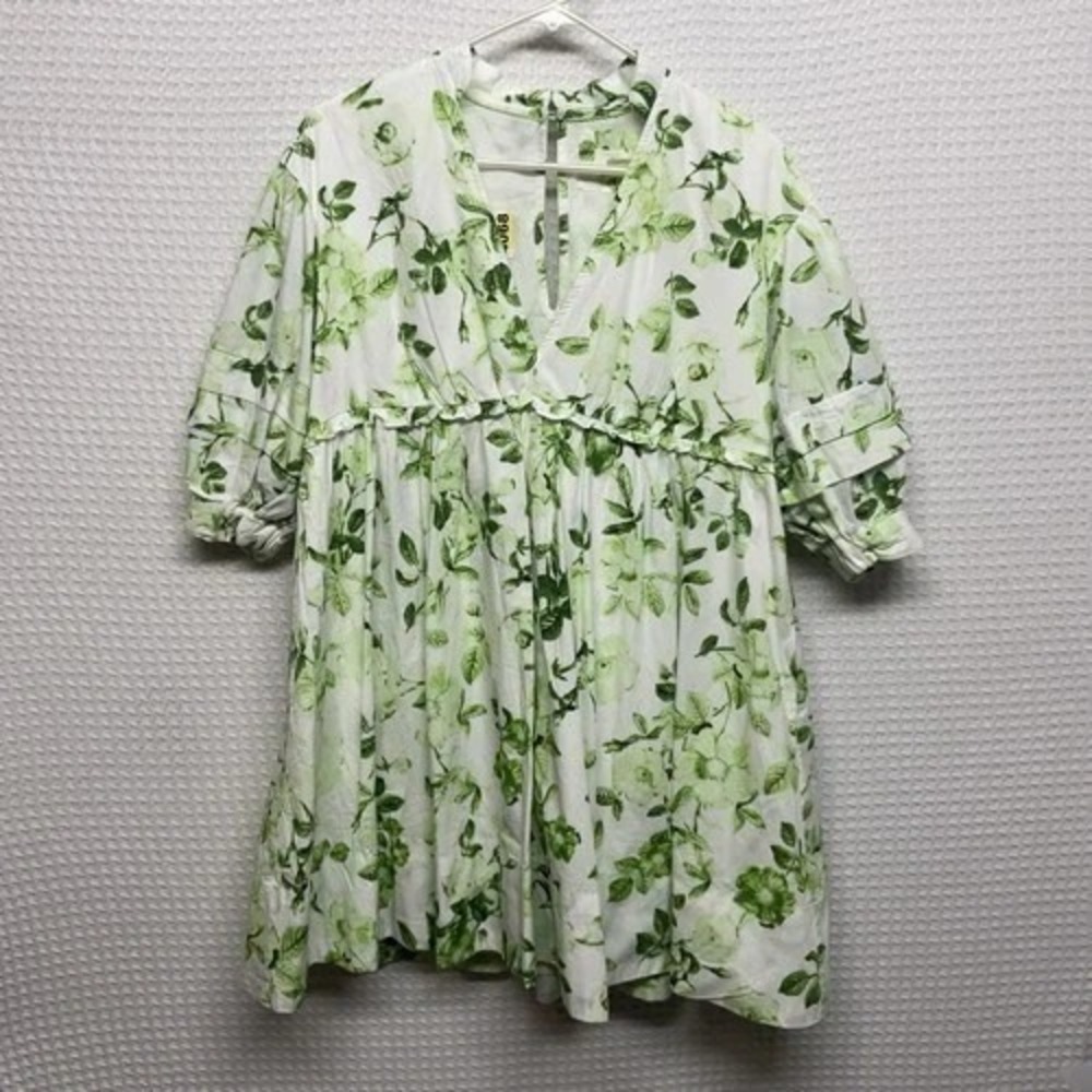 NWOT Anthropologie Maeve Green Floral Tunic Mini Dress Baby Doll Women S India